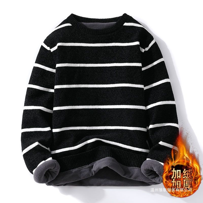 雪尼尔圆领毛衣男秋冬季加绒加厚男士条纹针织衫冬装学生保暖线衣