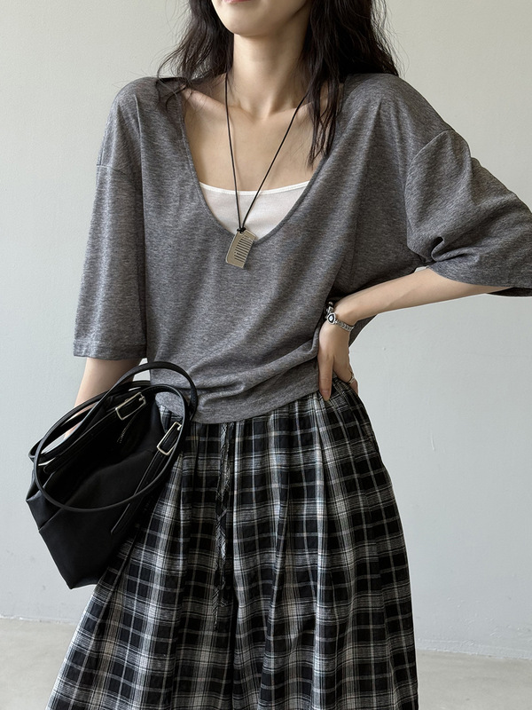 Yanshuang レイジー U ネック無地半袖 Tシャツレディース夏細いショルダーキャミソールコントラストカラー 2 点セット 82529|undefined