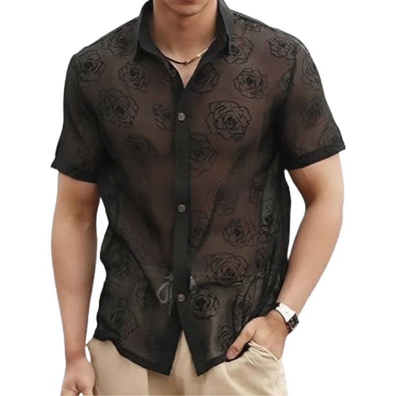 En stock 2024 Amazon nuevos hombres Rosa flor malla ver-a través de botón de manga corta Camisa de vacaciones de ocio forro