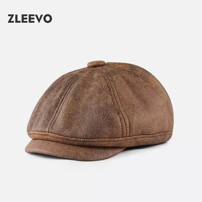 阳冠/ZLEEVO 水洗做旧PU皮报童帽女士文艺复古画家帽男英伦八角帽