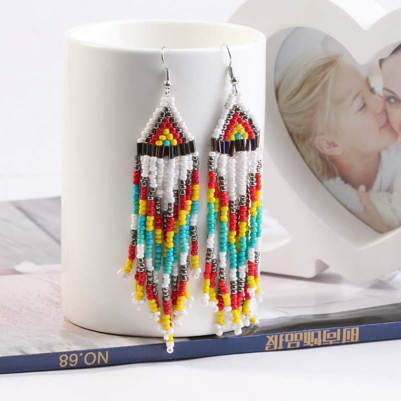 fashion multi-layer rice bead long tassel earrings