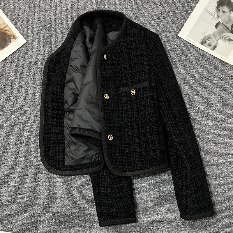 Black Chanel-Style Short Jacket for Women 2025 Autumn and Winter High-End Trendy Thickened Cotton Lining Casual Top for Women