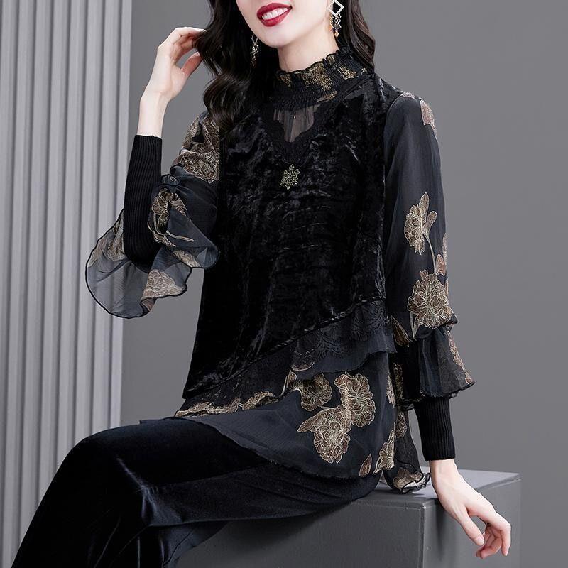 Madam Classy Velvet Top for Women 2025 New Brand Fashion Lace Splicing Plus Size Mother Spring Wear Inner Wear