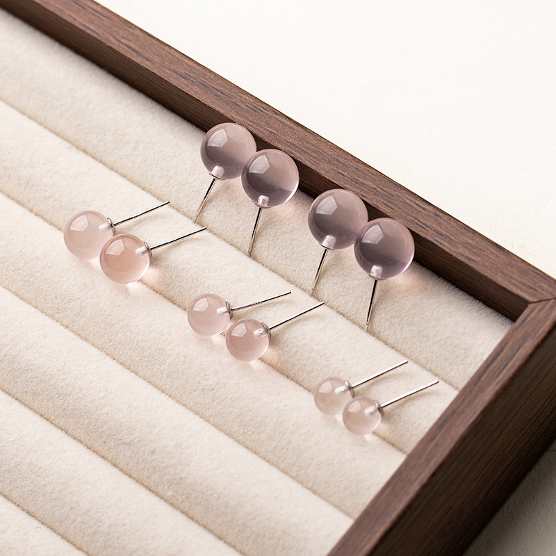 Natural double-A horse eye crystal pink crystal round bead earrings with s925 sterling silver inlay, suitable for ear piercing, basic style