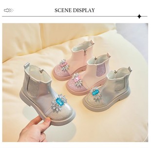 Girls' shoes spring and autumn children's boots children's crystal boots little girl princess shoes medium and big Children Baby leather boots Martin boots