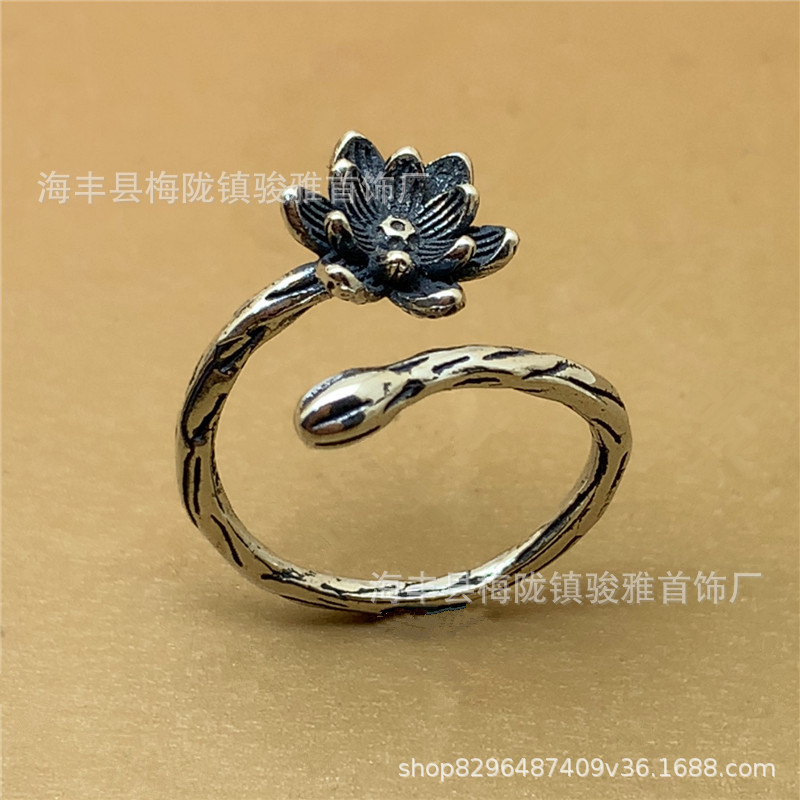 S925 Silver Vintage Blooming Lotus Open Ring for Women, Korean Style, Fresh and Fashionable, Versatile, Adjustable, Personalized Ring S925 Silver Vintage Blooming Lotus Open Ring for Women, Korean Style, Fresh and Fashionable, Versatile, Adjustable, Personalized Ring