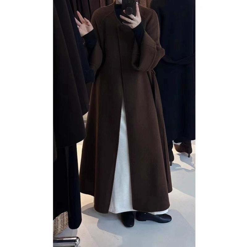 Loose Large Double-Sided Cashmere Coat for Women, Solid Color, Round Neck, Belted, Extra-Long Korean-Style Woolen Coat