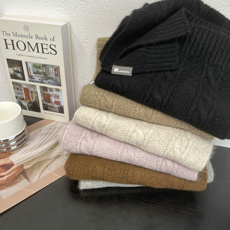 Japanese knitted demi-season warm solid color universal scarf with…
