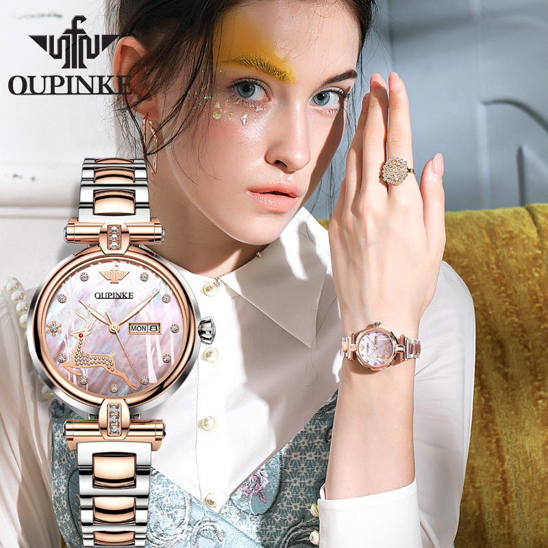 Oupinke Watches Wholesale Fully Automatic Mechanical Watch Women's Fashion Trendy Waterproof Deer Pattern Ladies' Watch Wristwatch