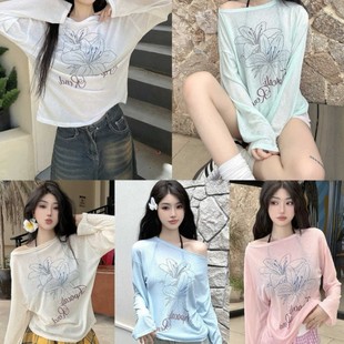 9308 # Korean Style Lazy Printed Long-Sleeved T-Shirt for Women Summer New Loose Thin Versatile Sun Protection Blouse Top