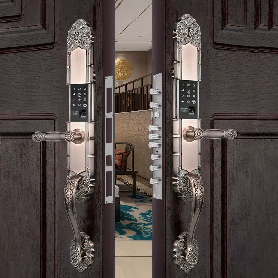 别墅大门指纹锁双开门密码锁家用防盗门电子锁欧式铜门智能锁批发