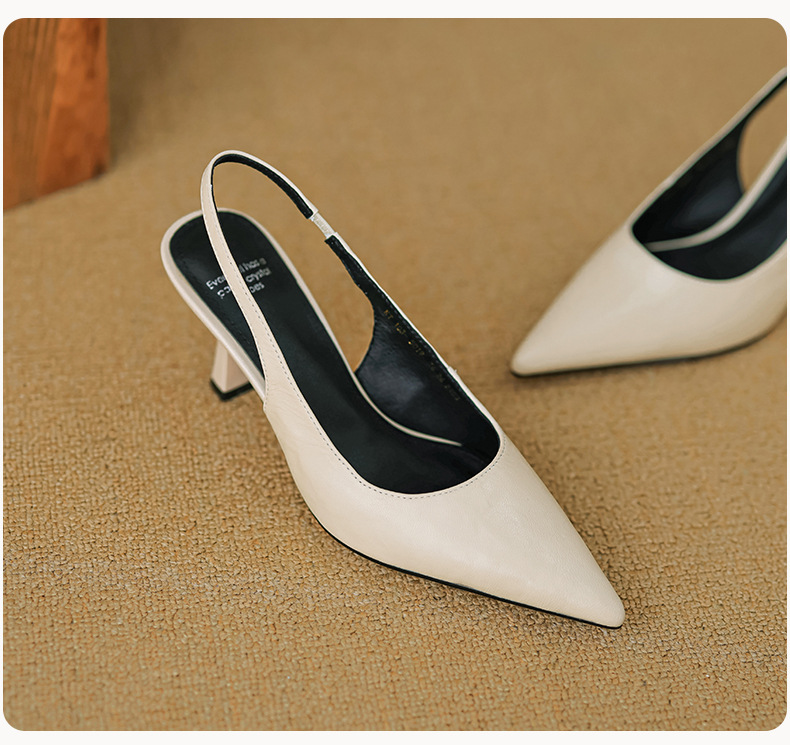 Sandal cao gót nữ mũi nhọn hở gót, da cừu, phong cách Hàn Quốc đơn giản — đen chi tiết 21