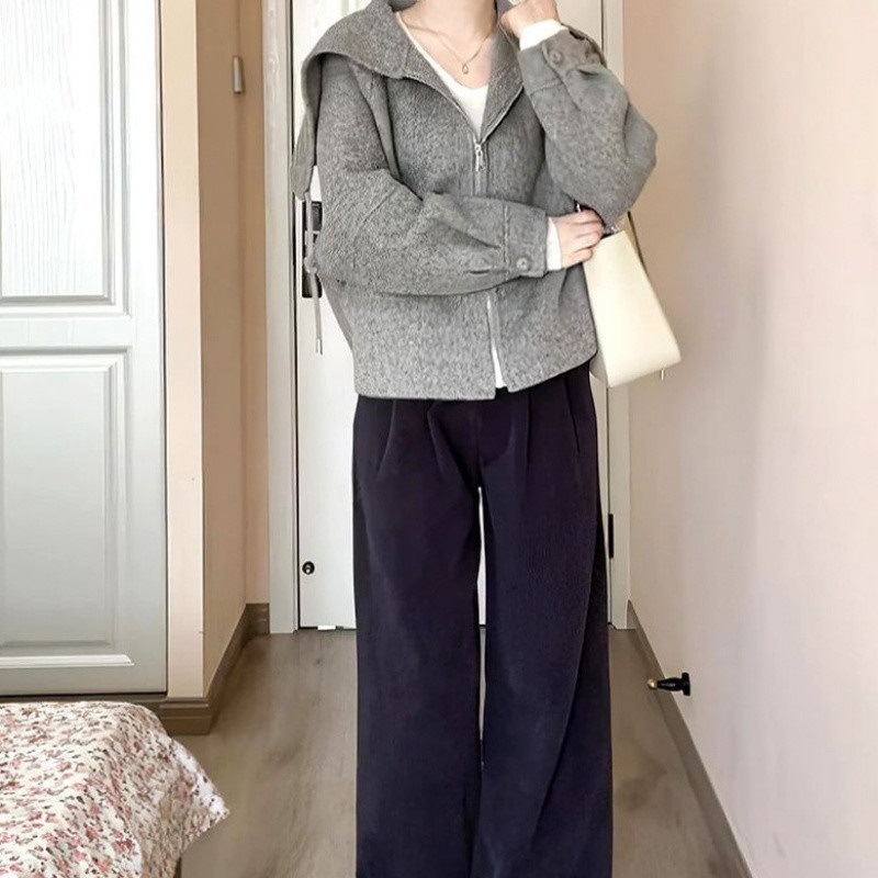 法式灰色拉链大翻领外套女秋冬季新款小个子宽松休闲减龄夹克|undefined
