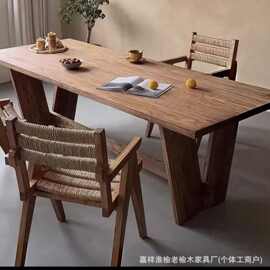 侘寂风老榆木长条桌民宿酒店休闲喝茶桌洽谈会议桌风化大板餐桌子