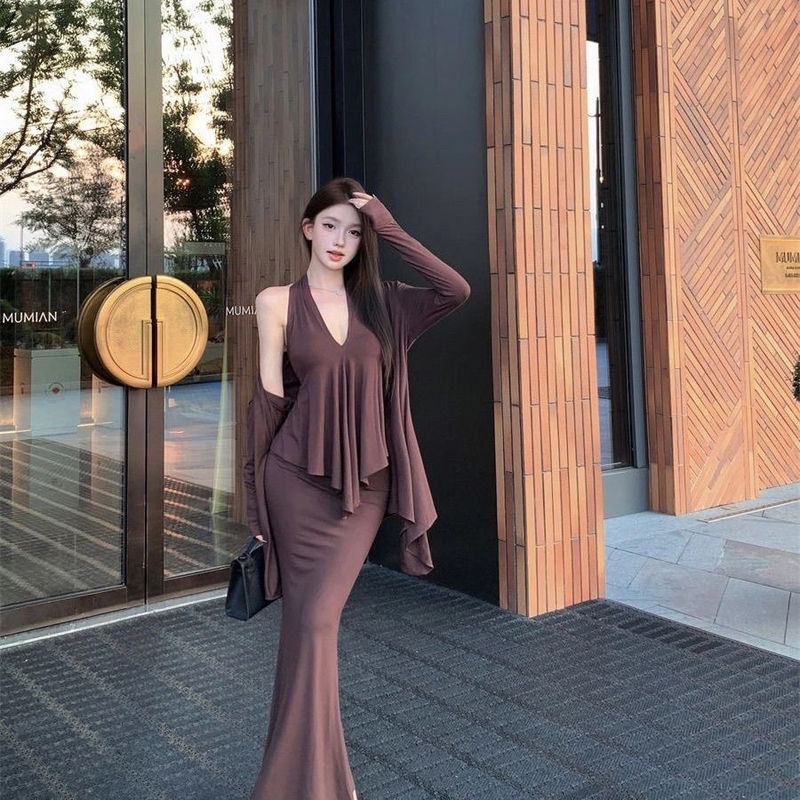 大码不规则长袖开衫外套上衣背心吊带秋季套装鱼尾半身裙三件套女|undefined