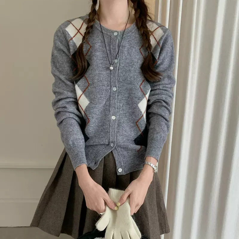 圆领羊毛衫女撞色嵌花通勤菱格开衫针织开衫女秋冬上衣