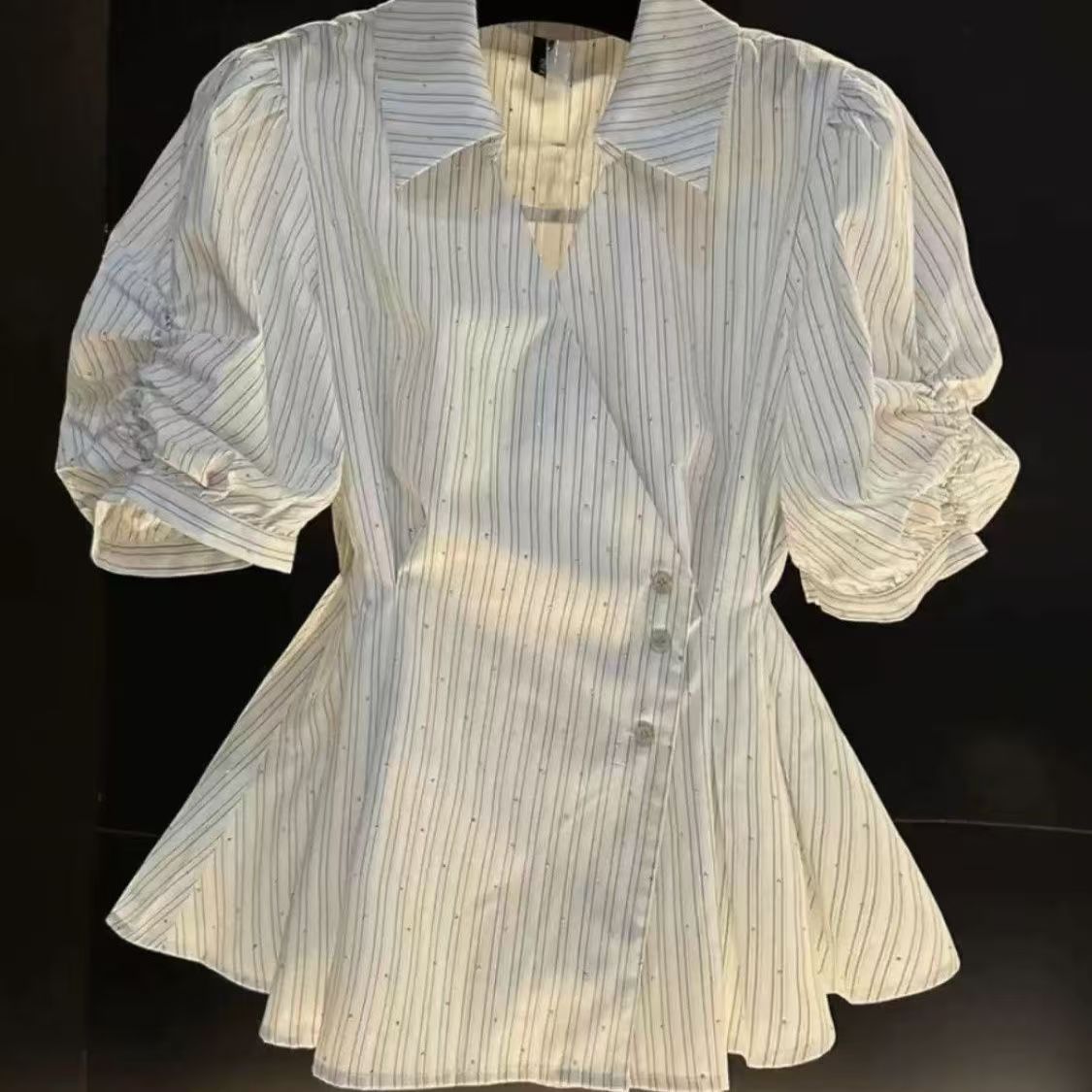 Women's Clothing Polo Collar Striped Short Sleeved Shirt For Women Summer Waist Slimming Fashion Temperament Skirt Tops For Women_ecoleips.com