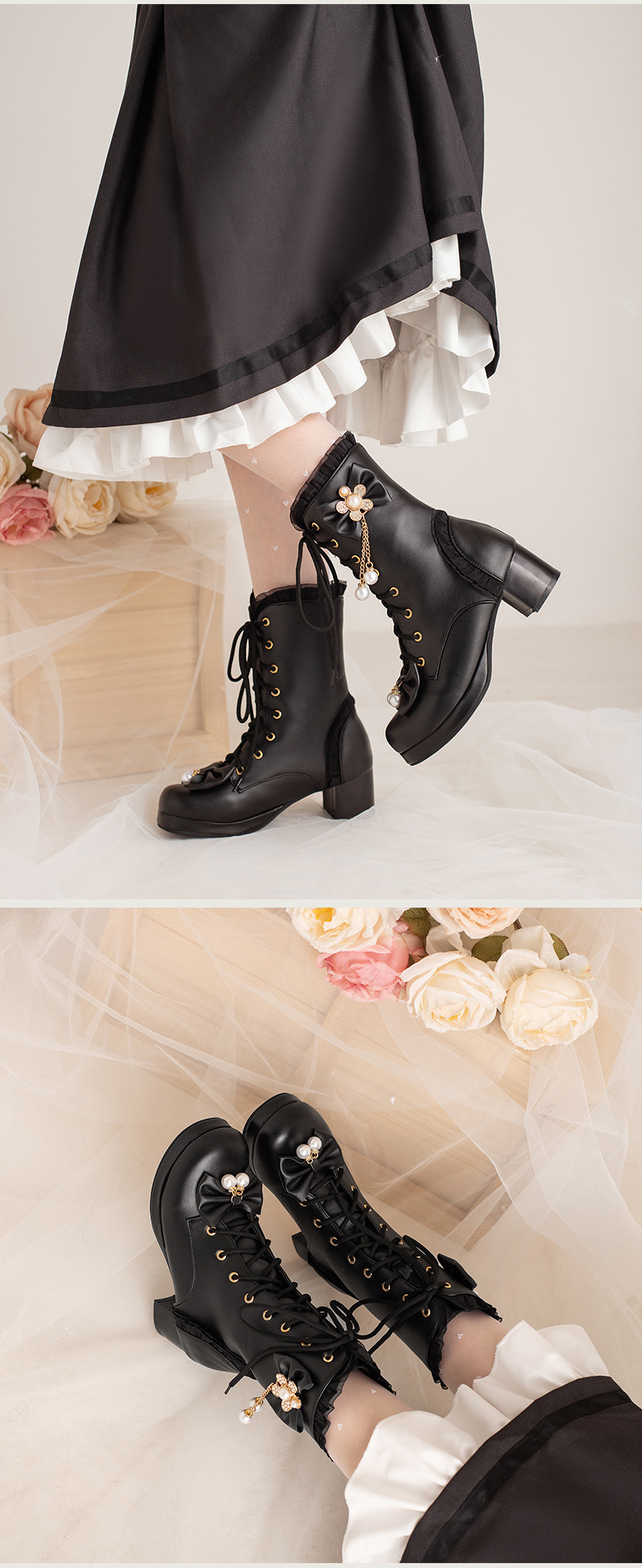Female Bow Thick Heeled Short Boots Lolita Shoes