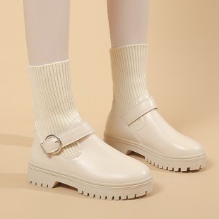 Wool tube leather Martin boots women's two-way wear 2023 Winter new British style belt buckle thick bottom socks short boots wholesale