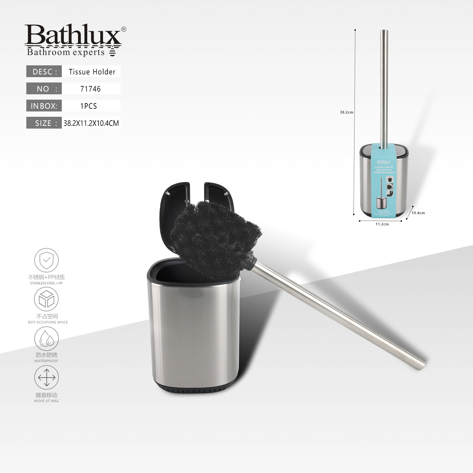 Acero inoxidable cepillo de inodoro baño doméstico material TRP conjunto de cepillo de limpieza de inodoro con base Bathlux
