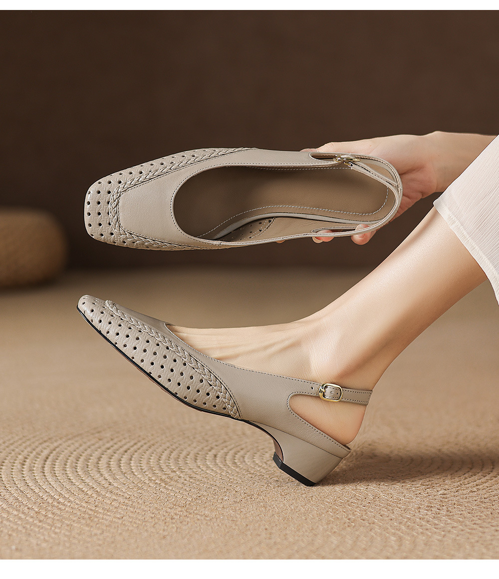 Sandal nữ gót thấp 3.5cm da cừu dệt mũi vuông kiểu Pháp quai một dây — đen chi tiết 3