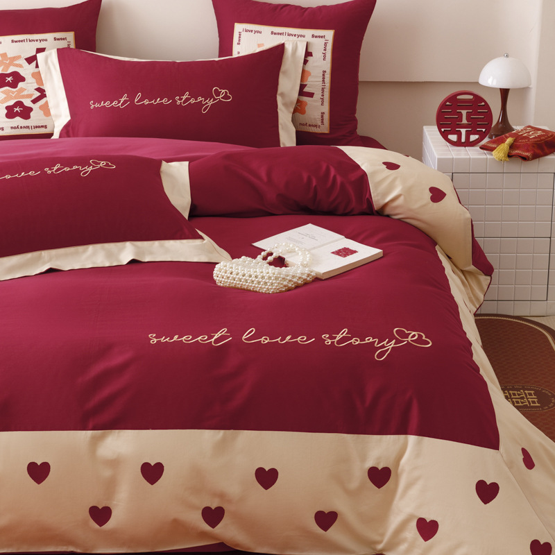 Chinas de alta gama algodón Jacquard cama de boda cuatro piezas de algodón sábanas rojas cubierta sábanas de boda