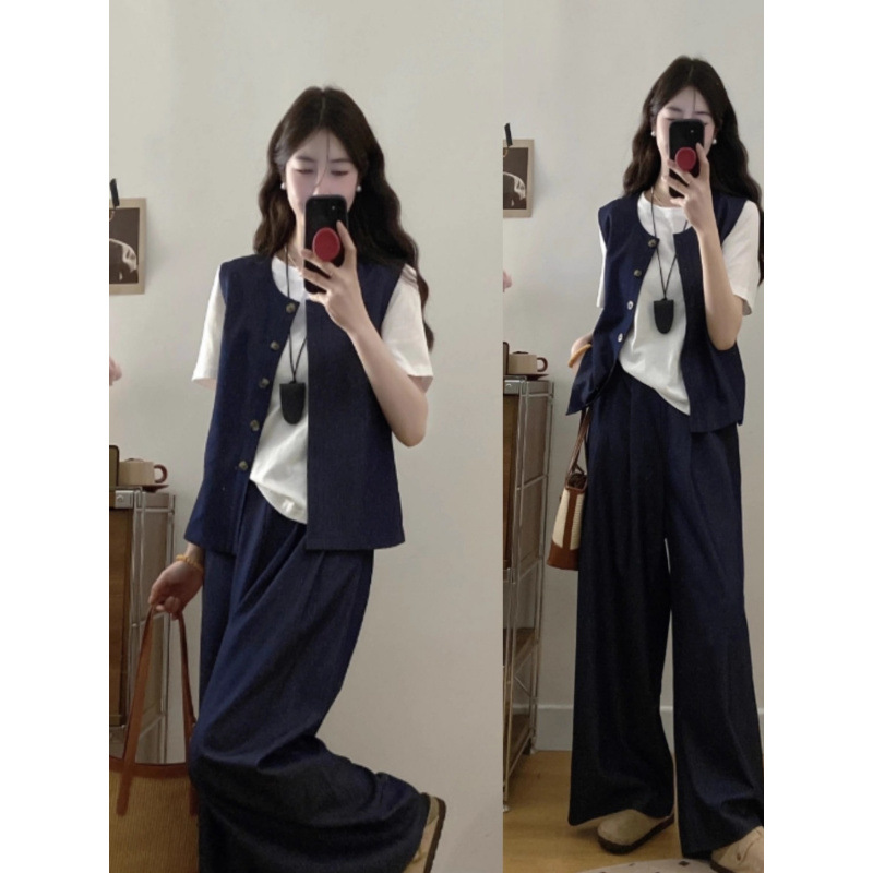 高级感复古牛仔马甲短袖T恤阔腿裤三件套女夏季大码时尚显瘦套装