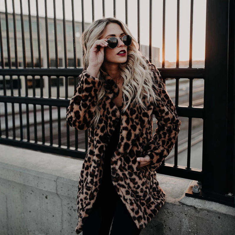 European and American Style ins Hot Selling Fashionable All-Match Lapel Leopard Print Faux Fur Fur Coat Mid-Length Coat Long Sleeve Women