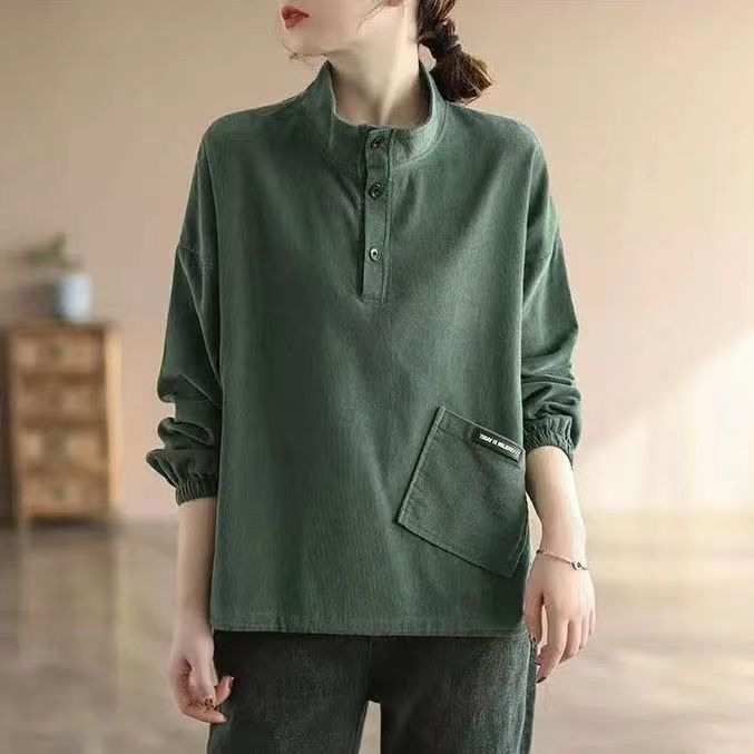 2022 Spring and Autumn New corduroy pullover coat women's artistic retro corduroy plus size sweater women's loose slimming