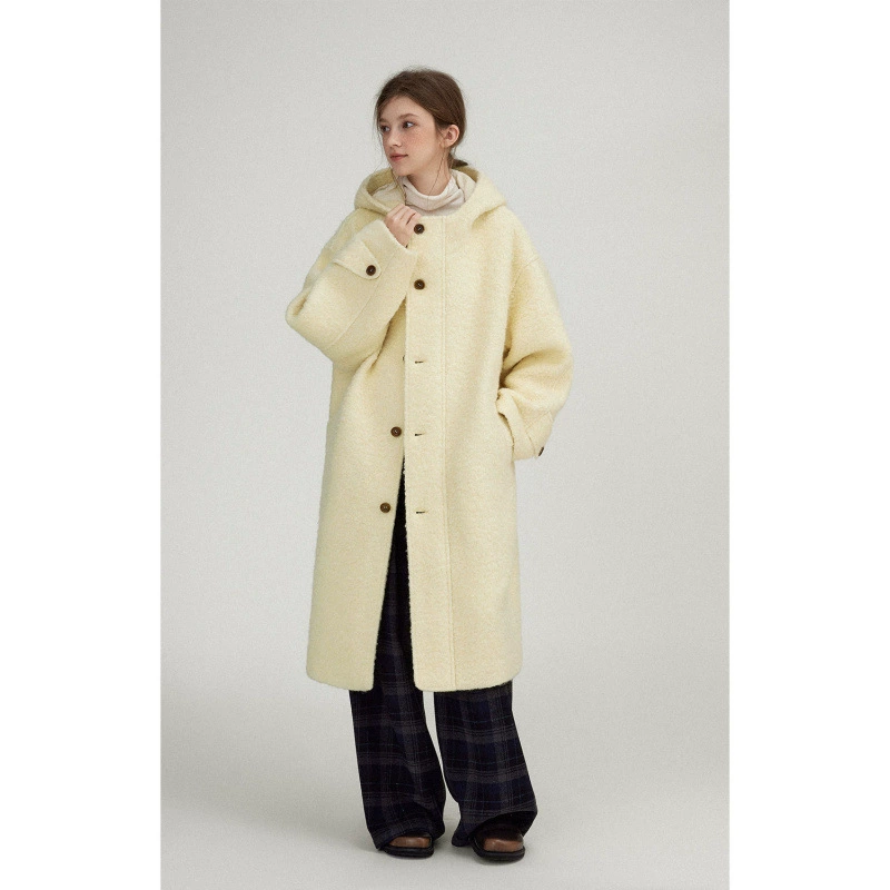 Retro woolen warm demi-season coat with hood, jacket