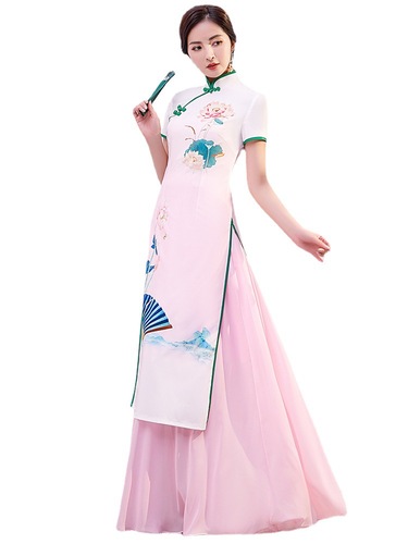 Blue pink floral aodai qipao dresses for women girls chinese oriental cheongsam modified young Chinese wind long show  gown for women