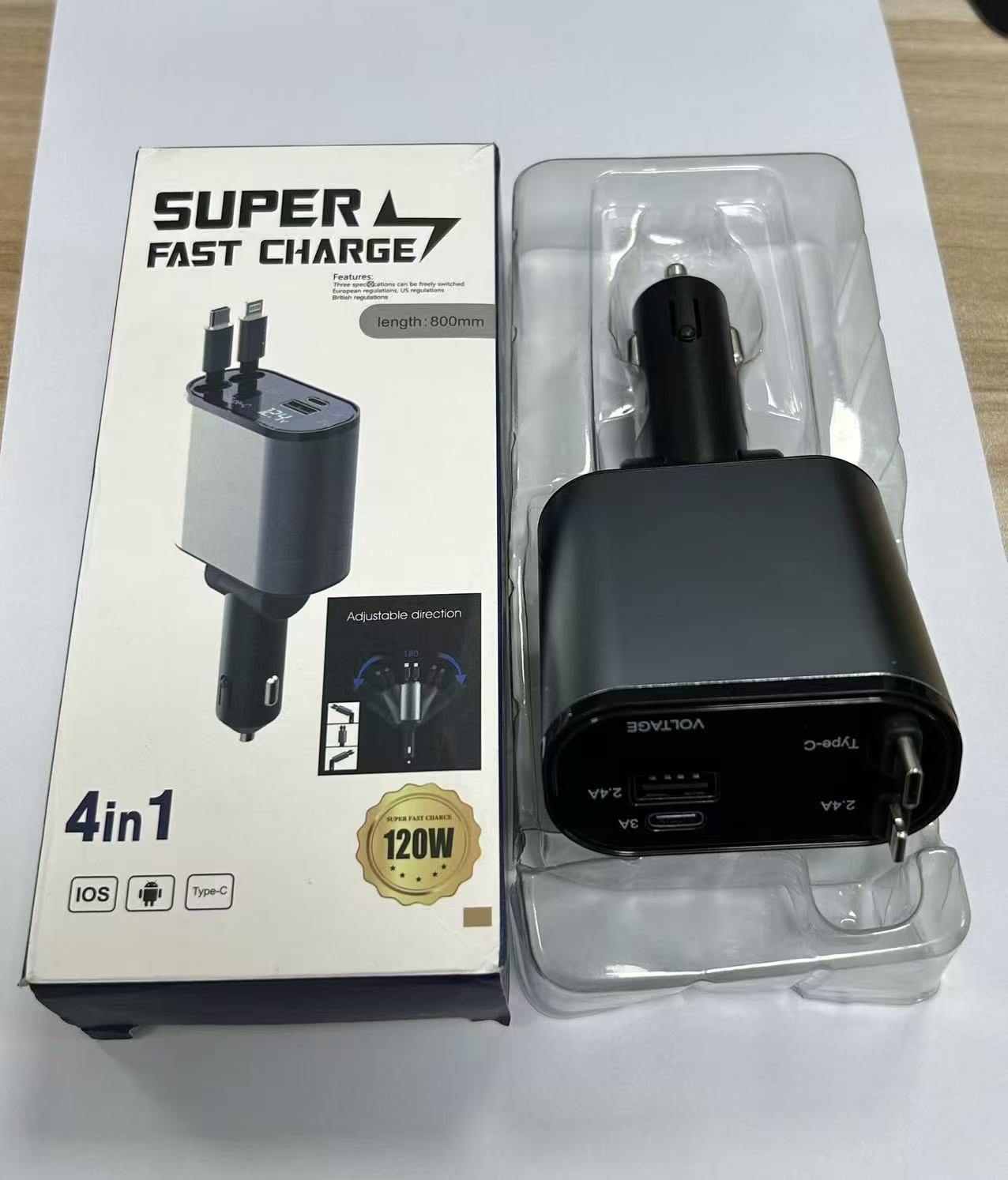 Car Charger 120W Super Fast Charging Retractable Cable Four-In-One Car Charger Car Cigarette Lighter Huawei Apple Head Car Charger