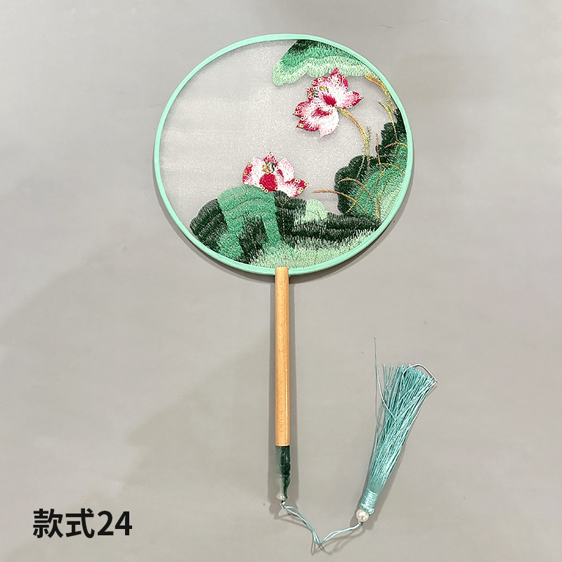 Abanico de grupo bordado Abanico redondo clásico Abanico de palacio Hanfu chino Estilo antiguo Mango largo Borla Cheongsam Ventilador de baile de seda transparente