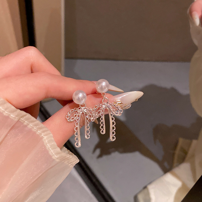 韩系甜美气质蝴蝶结耳环女轻奢小众高级感森系珍珠耳钉网红耳饰品|undefined