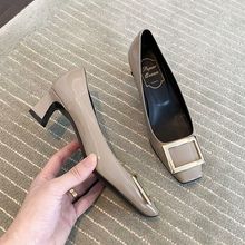 RV女鞋方扣经典粗跟单鞋春秋法式高跟鞋方头真皮气质通勤OL婚鞋