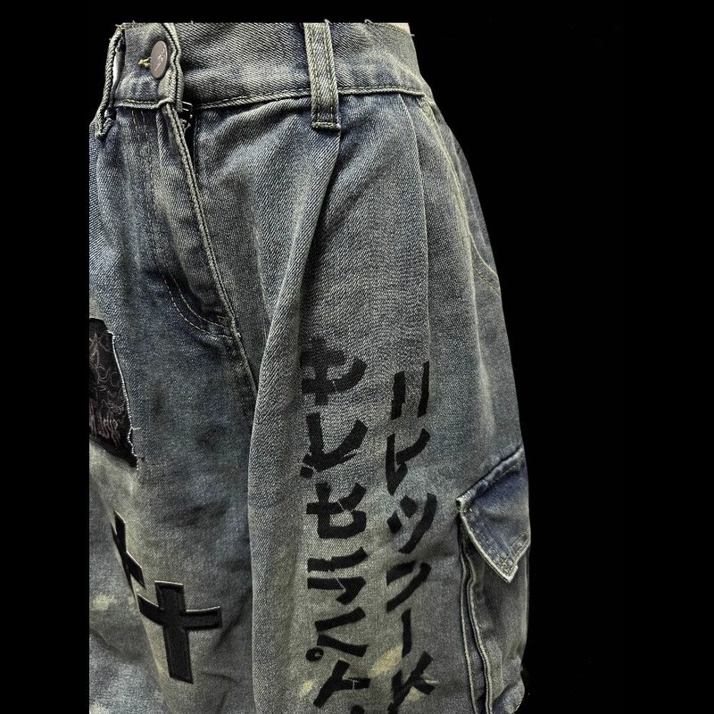 【新塘牛仔全店现货】暗黑七分牛仔裤女废土风做旧皱褶贴布阔腿裤|undefined
