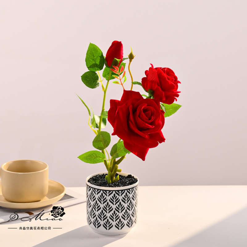 Bonsai de rosa de franela de tres cabezas, flores de simulación creativa, decoración de estudio fotográfico para el hogar, plantas verdes artificiales, plantas en macetas de simulación