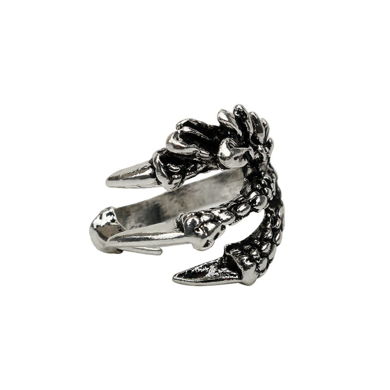 Vintage Men's Antique Silver Dragon Eagle Claw Ring Personality_voghion.com