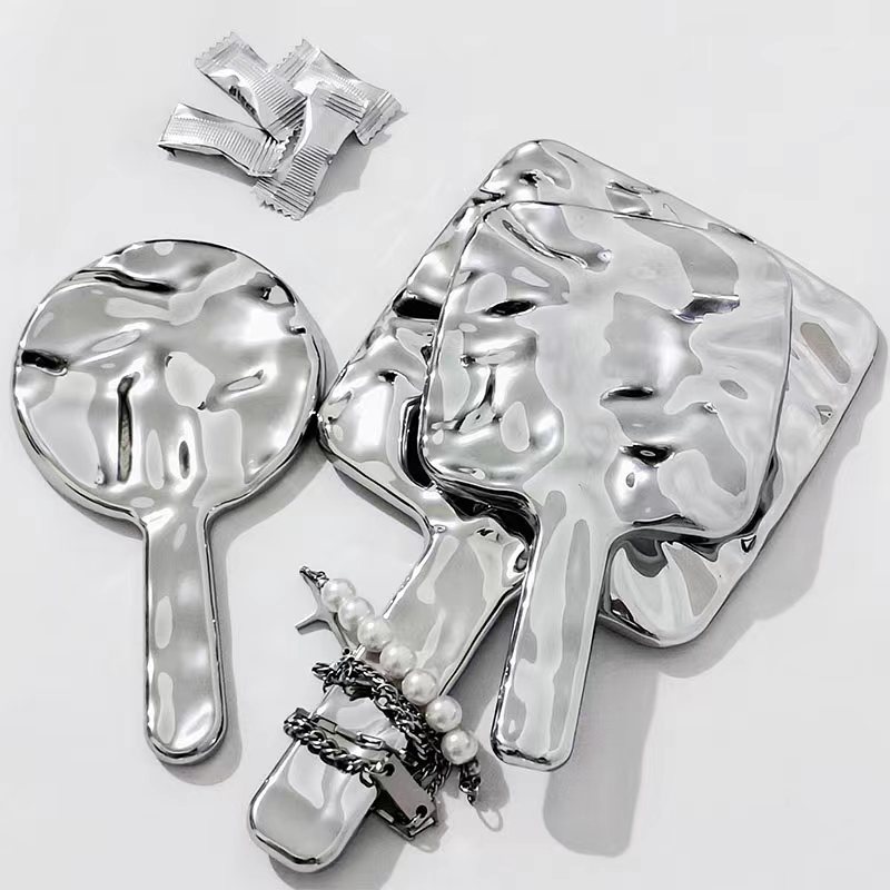 ins风电镀手柄镜随身化妆镜镜子便携创意水波纹手持镜批发