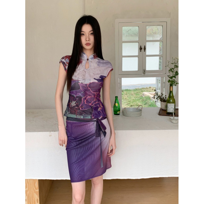 Real photos of in-stock, new Chinese style double-sided mesh cheongsam top