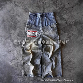 个性街头口袋装饰磨破百搭阔腿长裤跨境外贸水洗做旧牛仔裤男女