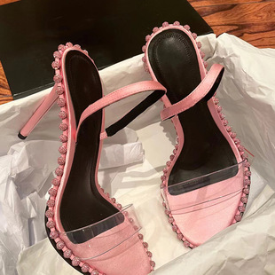 High Heels 2024 Internet Celebrated Sandals Women's Rhinestone Thin Heel Transparent Genuine Leather Sexy Strap Sandals