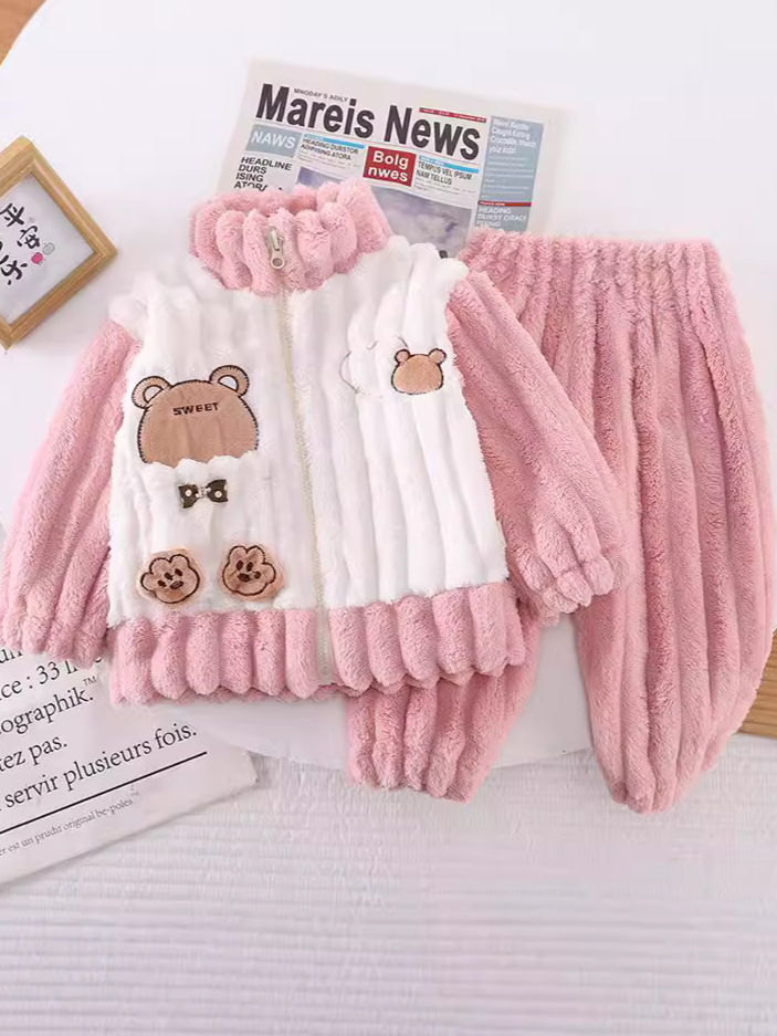 Hombres y niñas invierno ropa casera con cremallera nueva ropa de bebé con pijamas de peluche gruesas de dos piezas