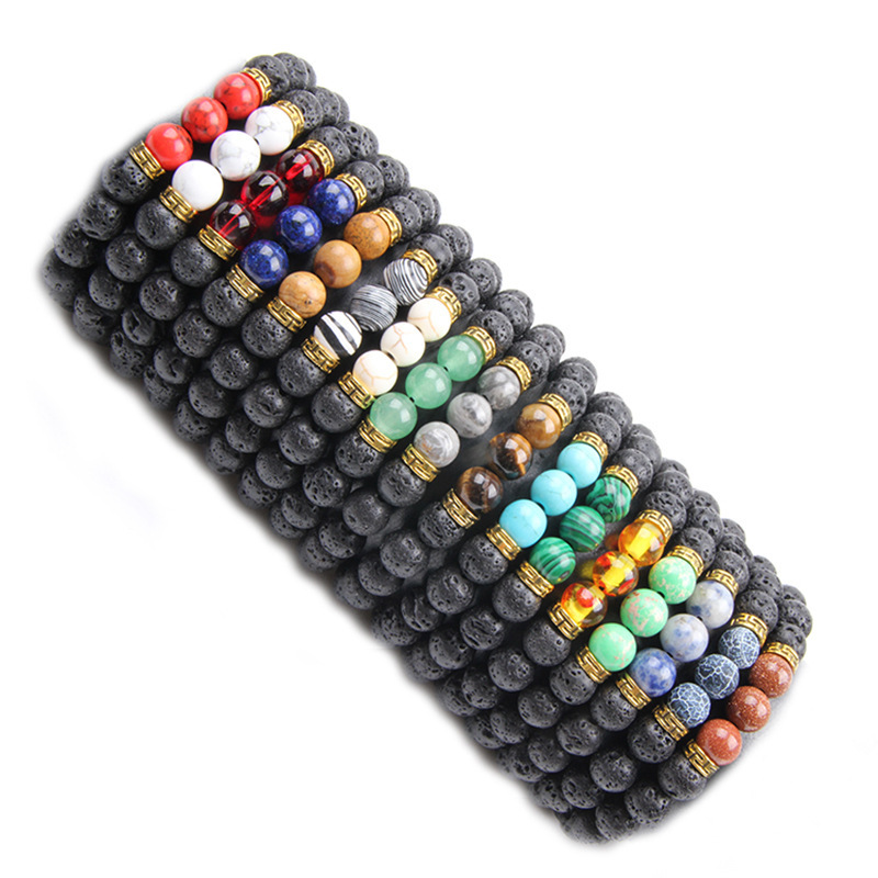 Cross-border Amazon 8mm beaded bracelet with volcanic stone, black lava, turquoise, red agate, wood beads, and marble accessories