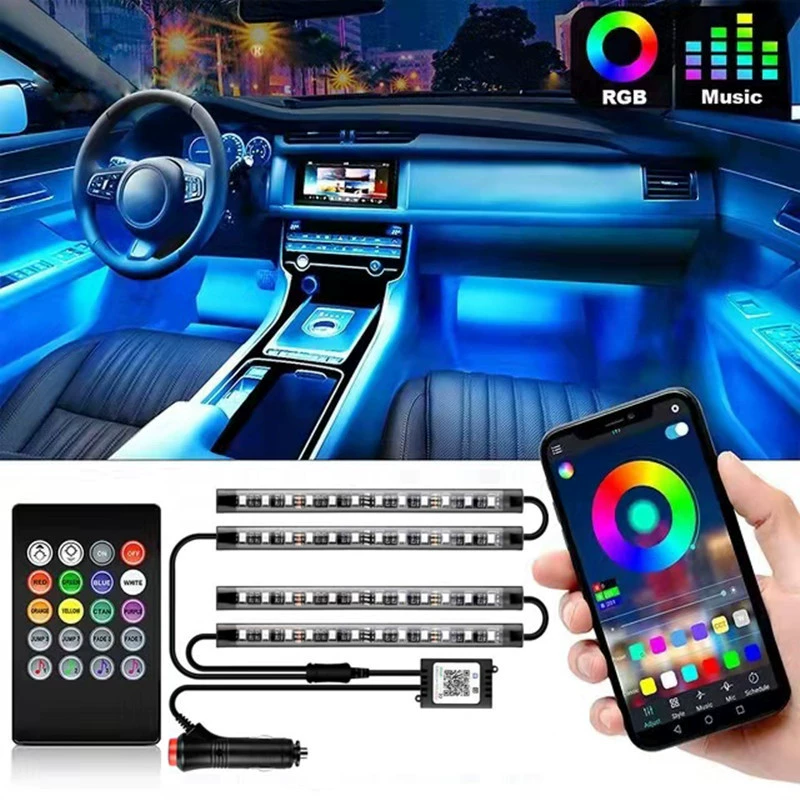 Amazon автомобиль светодиодный атмосферный свет один перетащить четыре 48LED нога модифицированный автомобиль красочный Голосовое управление декоративный атмосферный свет