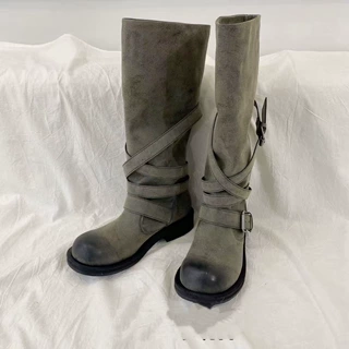 牛皮版复古做旧皮带扣高筒靴女粗跟堆堆靴子厚底骑士靴大筒围长靴