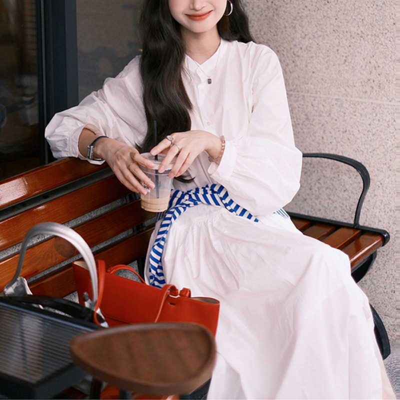 法式高ji感大方得体绝美小个子巨好看的掐腰白色衬衫连衣裙女秋季|undefined