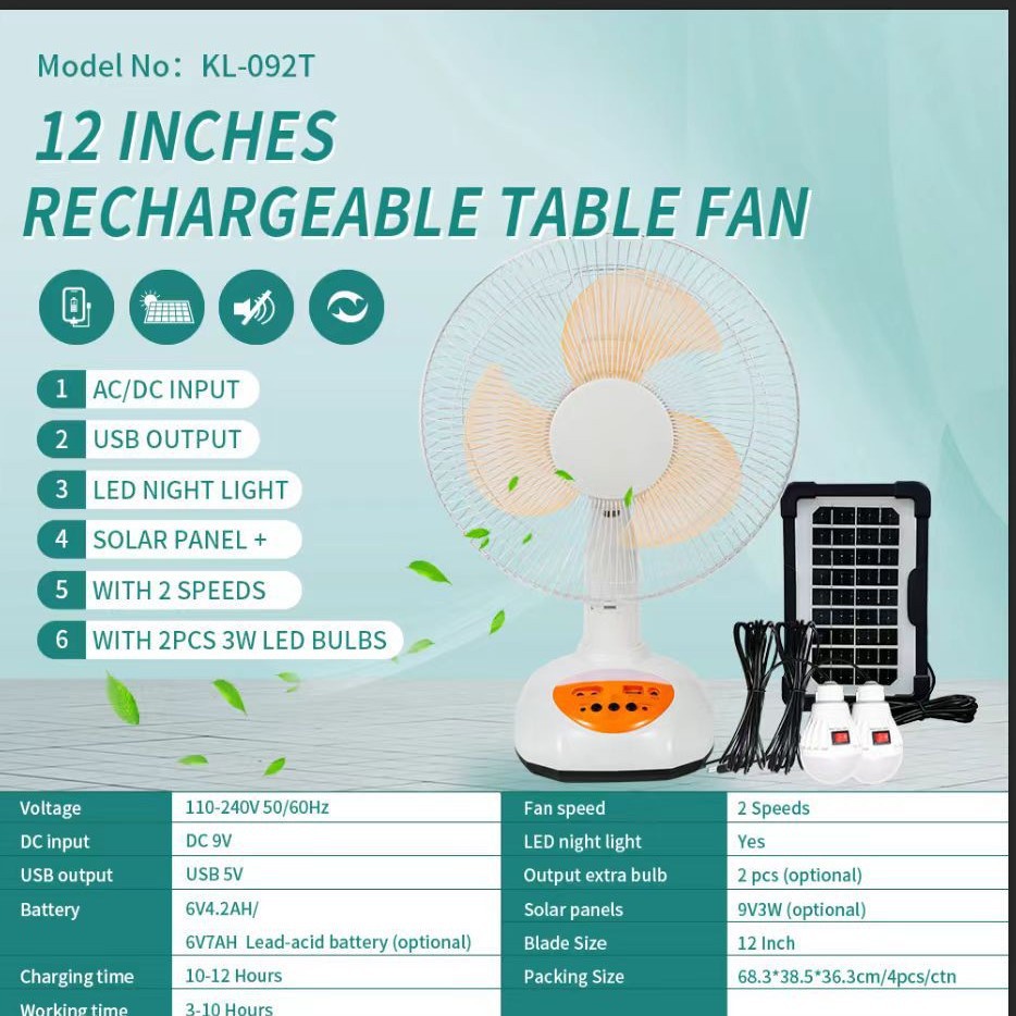 Mejores ventas de ventilador de mesa de carga solar de 12 pulgadas en el sudeste asiático AC DC carga con bombillas y paquetes solares