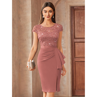 N 3322 Elegant Sequin Lace Slit Bodycon Dress ��Ƭ�ٽz�B��