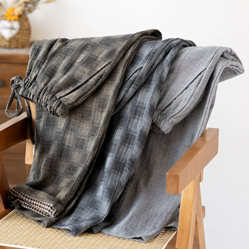 Летние хлопковые мужские марлевые пижамные штаны больших размеров, повседневные домашние брюки, мужские свободные тонкие жаккардовые брюки с окрашенной пряжей